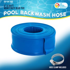 U.S. Pool Supply 2" x 50' Heavy Duty Blue PVC Swimming Pool Backwash Hose with Hose Clamp