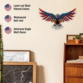 Tegik Bald Eagle Decor, American Flag Metal Wall Art, Patriotic Decoration Gift for Mens Room Garage Outdoor, 16x9.5 inches