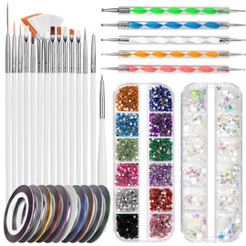FANDAMEI Nail Starter Kit with Nail Gems - 15pcs Nail Pen Designer + 5pcs Dotting Tool + 10pcs Nail Striping Tape + 12 Box Nail Crystals + 12 Box Holographic Nail Sequins, Nail Art Brushes Set, White