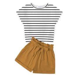 Arshiner Girls 2 Piece Outfit Summer Clothes Cute Drop Shoulder Batwing Sleeve Tops and Paperbag Waist Shorts Set Size 8-9