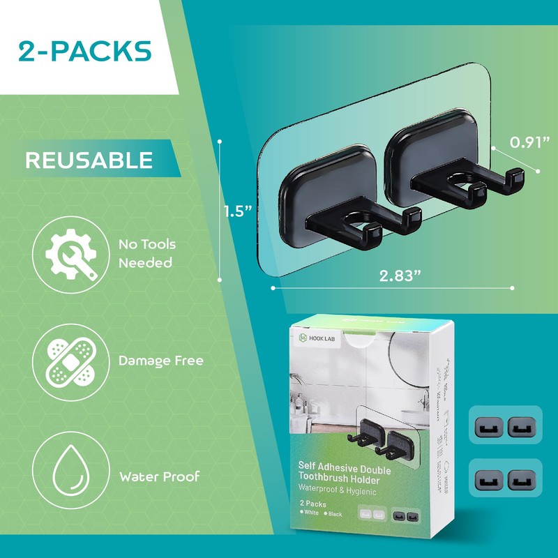 Hook LAB Self Adhesive Double Toothbrush Holder 2 Pack -