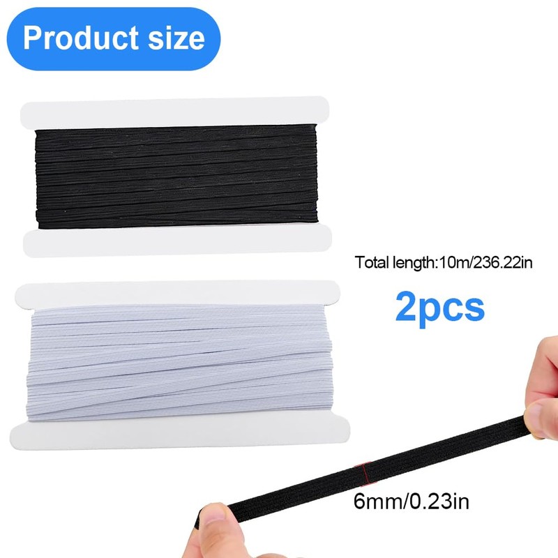 2Psc 6mm Width Elastic for Sewing, 20m White Black Sewing
