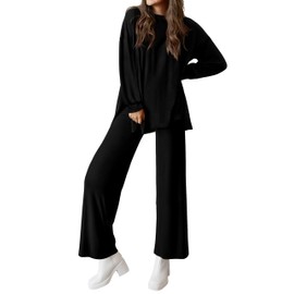PRETTYGARDEN Womens 2025 Casual Lounge Sets Long Sleeve Tops Wide Leg Long Pants Fall Crewneck 2 Piece Outfits Tracksuits(Black,X-Large)