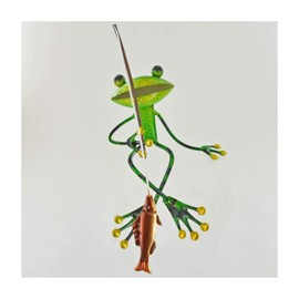 FABULOUS GREEN METAL GARDEN FROG FISHING SHELF SITTING SCULPTURE ORNAMENT FROGS