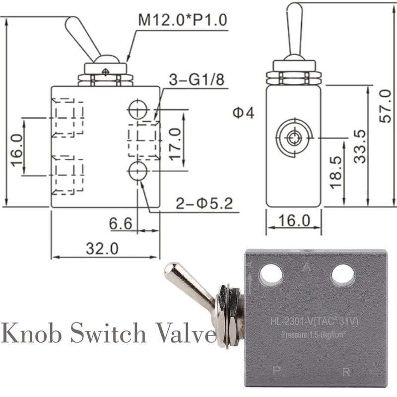 Hilitand Toggle Switch Valve, 3 Position 2 Port, Metal, Silver,