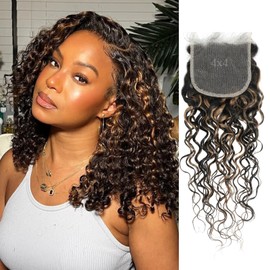 ALHER #F1B/27 Highlight 4x4 HD Lace Closure Water Wave, 12A Invisible Single Knot Pre-Plucked Brazilian Human Hair Black and Blonde Lace Closure Wet n Wavy Free Part Baby Hair (150% Density, 10 Inch)