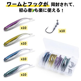 Goture Drop Shot Minnow Soft Lure, Midost, Saltwater Fishing, Freshwater Fishing, 0.07 oz (1.8 g), Worm, 2.75 inches (7 cm), 4 Colors, 0.4 oz (1 g) with Midost Hooks (10 Pieces), Set of 40