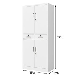 Wanfu Metal Storage Cabinet, Locking Storage Cabinet with Adjustable Shelves and 2 Drawers, 16" D x 32" W x 71" H Steel Storage Cabinet for Office, Garage, Home, Classroom, Utility Room(White)