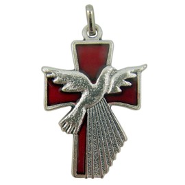 Religious Jewelry Silver Tone Red Enameled Holy Spirit Dove Confirmation Pendant, 1 1/2 Inch