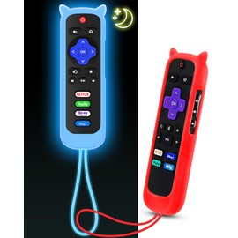 2Pack ONEBOM Cover for Roku Remote with Cat Ears Design, Silicone Skin Case Fit with Hisense/TCL Roku TV, Steaming Stick/Express, Universal Replacement Controller. Glow in The Dark(Glow Blue&Red)