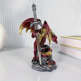 FLJZCZM Medieval Silver Dragon with Sword Figurine Dragon Holding Draconian Sword Letter Opener Sculpture Statue Home Decor, 7.68''H