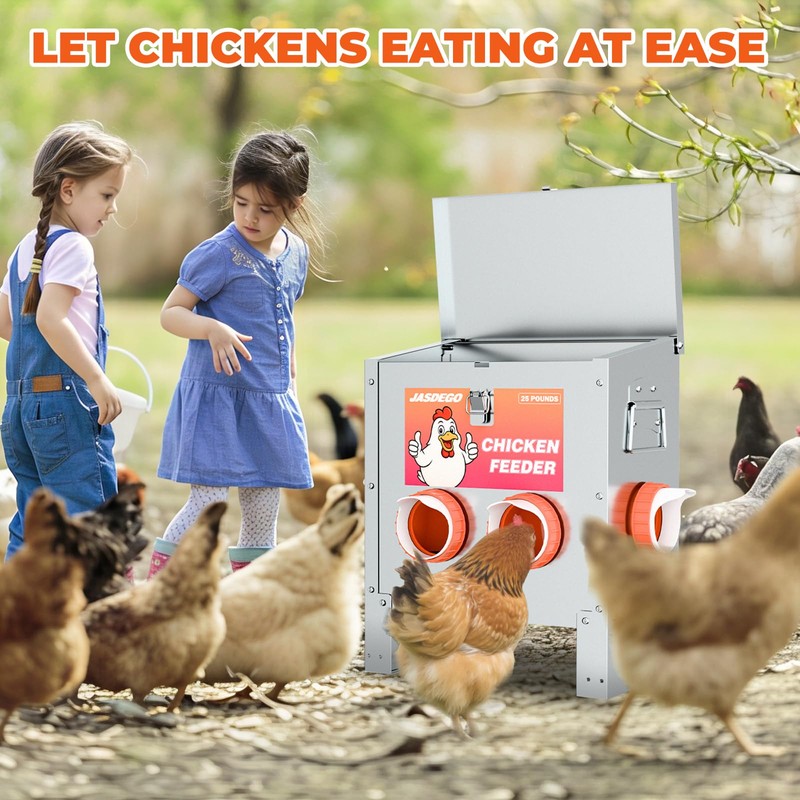 JASDEGO 6 Ports Automatic Chicken Feeder 85 Pounds Large Gravity