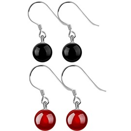 Hmzidz 2 Pairs 925 Sterling Silver Drop Earrings for Women Girls,Dangle Earrings with Red/Black Onyx,Agate Hanging Earrings Silver,Gemstone Earrings,Hypoallergenic Earrings Set for Girlfriend