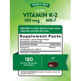 Nature's Truth Vitamin K2 MK-7 | 100 mcg | 180 Softgels | Non-GMO & Gluten Free Supplement