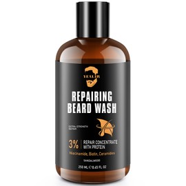 YEALIR Repairing Beard Wash & Shampoo for Damaged Beards – With 3% Protein, Biotin, Ceramides & Niacinamide – Strengthens, Softens, Thickens & Adds Healthy Shine – 8.45 fl oz
