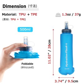 Azarxis TPU Soft Flask 250ml 500ml Collapsible Water Bottle Running Folding Gel Water Reservoir Handheld for Hydration Pack Hiking Cycling Climbing Jogging Marathon Trail Race (Blue - 500ml / 16.9oz)