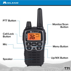 Midland T71VP3 36 Channel FRS Two-Way Radio - Up to 38 Mile Range Walkie Talkie - Black/Silver (Pack of 4), 6.2" x 1.3" x 2.3", Model Number: T71X4VP3