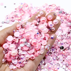 Towenm 60g Mix Pearls and Rhinestones for Crafts, 2mm-10mm Pink Pearl Rhinestones for Shoes Nails Face Art, Tumbler Bedazzling Half Pearls and Rhinestones Gems, with Picker Pen