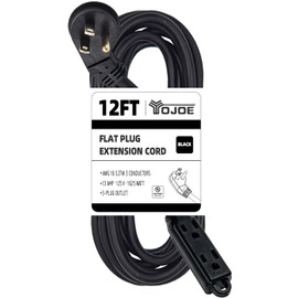YOJOE - Cable de extensión de enchufe plano de 12 pies con múltiples tomacorrientes de 3 clavijas, cable de extensión corto de 3 tomacorrientes, cable de extensión de 16/3 SJTW resistente para cocina,