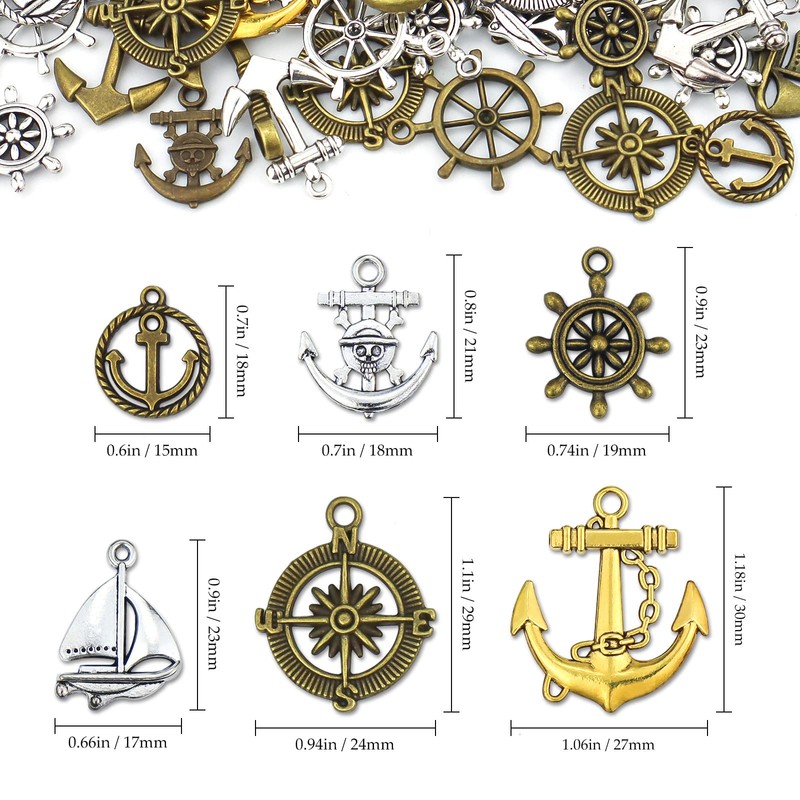 JIALEEY Nautical Anchor Rudder Helm Compass Charms, 100 Grams Mixed