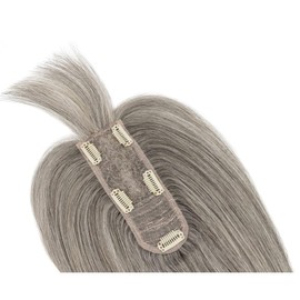 TESS Real Hair Toppers for Women Handmade Lace Base Womens Clip In Hairpieces with Bangs 5 Clips Natural Coverage Soft and Secure 2×6", Silver