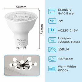 Yexati Yexati GU10 LED Bulbs,550 lumens,7w(Equivalent to 50w Halogen LED),Cool White 6000K,Non Dimmable,Pack of 5