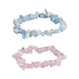 RELKLYU 1 Natural Rose Quartz Bracelet and 1 Natural Aquamarine Gravel Bracelet, Aquamarine Crystal Bracelet, Natural Stone Bracelet, Pink Crystal Stone Bracelet, Stone