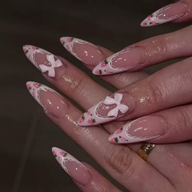 French Tips Press on Nails Medium Almond False Nails with Pink Bow Charm Design Candy Strawberry Fake Nails Glossy White Lace Stick on Nails Cute Summer Glue on Nails for Women Manicure 24Pcs