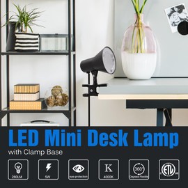 MingBright LED Clip on Desk Lamp with Push Switch and 2-Prong Power Cord, Eye Protection no Flicker 4000K White Light, Portable Rotatable Black Table Light for Reading, Office, Study