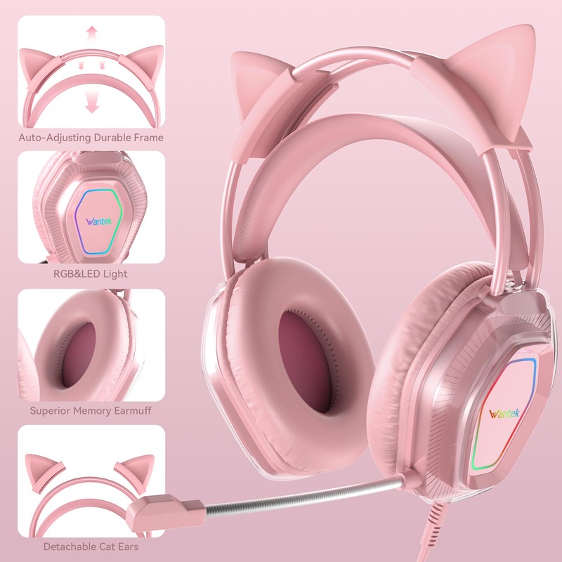 Wantek Cute Cat-Ear Gaming Headset - 50mm Drivers, Noise-Cancelling Mic,