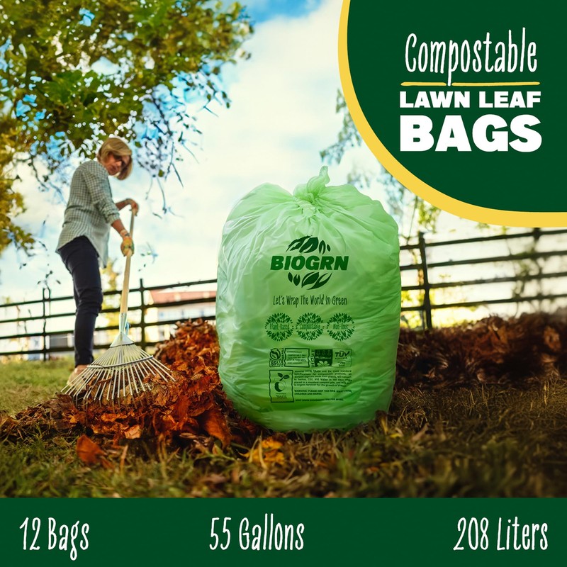 BIOGRN 55 Gallon Compostable Trash Bags Flat-Top, Heavy Duty Extra
