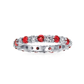 Cubic Zirconia Red White Alternating Stackable CZ Eternity Ring For Women For Teen Simulated Ruby .925 Sterling Silver