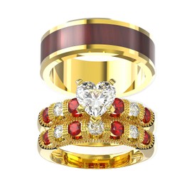 LOVERSRING Couple Ring Bridal Set His Hers White Gold Plated White Heart Red Ruby CZ Titanium steel Wedding Ring Band Set