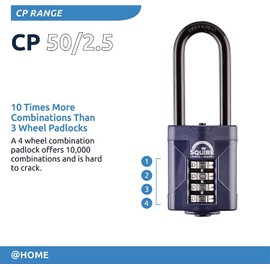 Squire Heavy Duty Padlock (CP50/2.5) - Toughest Extra Long Shackle - 4 Wheel Combination Padlock - Alloy Steel for Corrosion Resistance - Weatherproof Lock for Home, School & Shed (Blue, 50 mm)