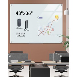 Mifuro Magnetic Glass Whiteboard，48"x36" Wall Mounted Frameless Dry Erase Board for Office, Home & School White