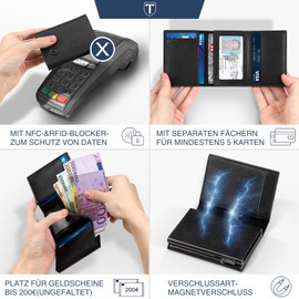 TEEHON Geldbörse Herren, Portmonee Herren mit Münzfach & RFID Schutz, Leder Portmonee Slim Wallet Geldbeutel, 10 Fächer für Kreditkarten, Magnetischer Wallets for Men, Kartenetui Herren - Schwarz