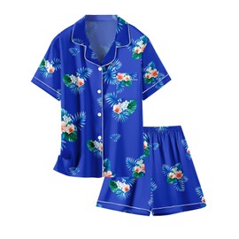 Conjunto de pijama de satén para niñas y mujeres, ropa de dormir de 2 piezas, 3 años, para mujer, XXL, Azul Floral, 3 Años/4 Años