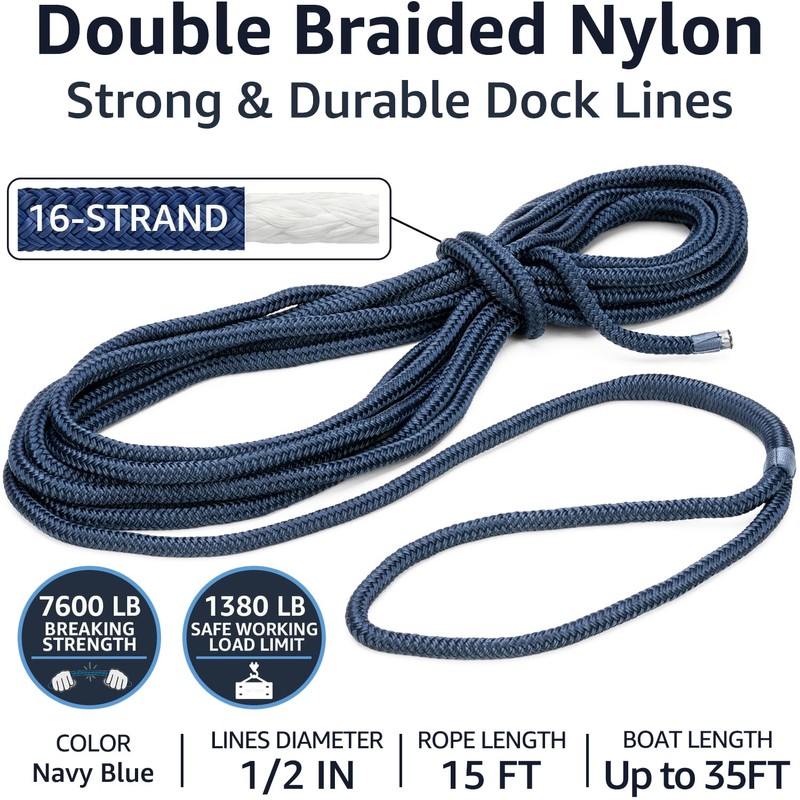 PACTHSD 4-Pack 1/2" x 15' Dock Lines, Premium Double Braided