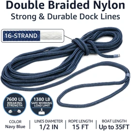 PACTHSD 4-Pack 1/2" x 15' Dock Lines, Premium Double Braided Nylon Boat Ropes for Docking with a 12" Eye, High Strength Marine Rope Boat Lines, Navy Blue Mooring Lines