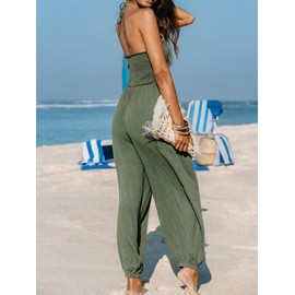 CUPSHE Summer Women's Plunge Halter Sleeveless Pleated Maxi Romper Sleeveless Jogger Leg Overalls Long Casual Jumpsuit with Pockets Olive Green, XXL