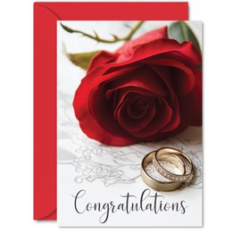 Wedding Card for Women Men - Gold Rings Red Rose - Congratulations Marriage Engagement Cards for Mum Dad Brother Sister Son Daughter, 5x7 Inch Greeting Cards