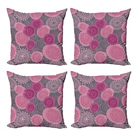 Ambesonne Pink and Grey Throw Pillow Cover Set of 4, Doodle Style Lace Swirled Circle Flower Pattern Ornamental Flourish, Square Cushion Covers Decor for Bed Couch Sofa, 20"x20", Fuchsia Magenta Grey