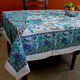 India Arts Tree of Life Tablecloth for Square Tables Cotton Floral Tablecloth Square (Blue Turquoise, 72 x 72 inches)