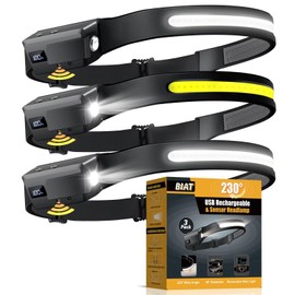 BIAT LED Headlamp Rechargeable 3PCS, 230° Wide Beam Headlight with Motion Sensor, 90° Rotation and Removable Head Lights for Forehead, 5Mode Head Lamp for Adults, Camping Essentials Gear for Hiking