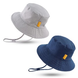 JANGANNSA Summer Baby Boys Hat Sun Protect Bucket Hat for Girls Wide Brim Cotton Beach Cap (3-6 Months, Navy+Gray)