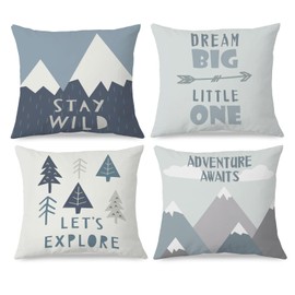 KRHFG Boy Nursery Decor Camping Pillow Covers 18x18, Camping Classroom Decor, Mountains Forest Adventure Nursery Throw Pillow Covers for Kids Room Playroom Classroom, Set of 4 Double-Sided