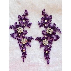 Zbroh Fine Lace Fabric Patches Embroidered Rhinestones Trim Applique Decor Dress Decoration sew on Sequins Beads Accessory one Pair (Purple)