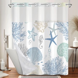 Xiazhilaio No Hook Shower Curtain with Snap in Liner Set - Sea Seashells, Starfish & Coral Print Shower Curtains for Coastal Nautical Ocean Bathroom, Waterproof Bath Curtain with Mesh Top, 71x74 Inch