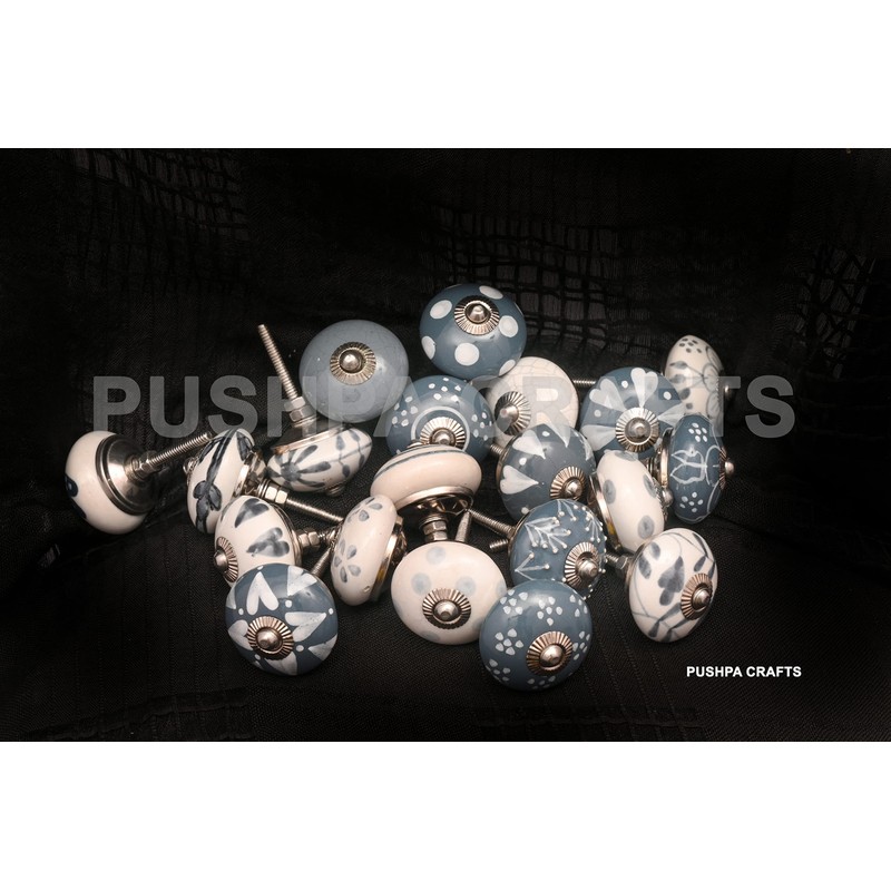 PUSHPACRAFTS Hand Painted Ceramic Cupboard Drawer Knobs 20 Pieces Grey