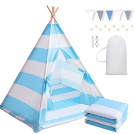 xiaowantong Teepee Tent for Kids with Padded Mat, Lights, and Carry Bag, Washable Playhouse for Indoor Use, Ideal Play Tent for Girls and Boys,Stripe Blue